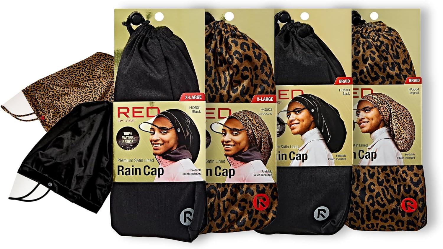 imageRed by Kiss Premium Satin Lined Rain Cap 100 Waterproof Hair Protection Adjustable Strap Packable Pouch IncludedXlargeLeopard
