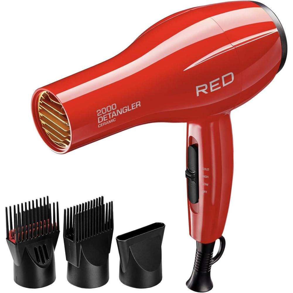 imageRED by KISS 2000 Ceramic Hair Dryer Professional Salon Blow Dryer 2 Detangler Pik Attachments Tourmaline Technology 3 Heat Settings Easy Storage Loop PinkRed