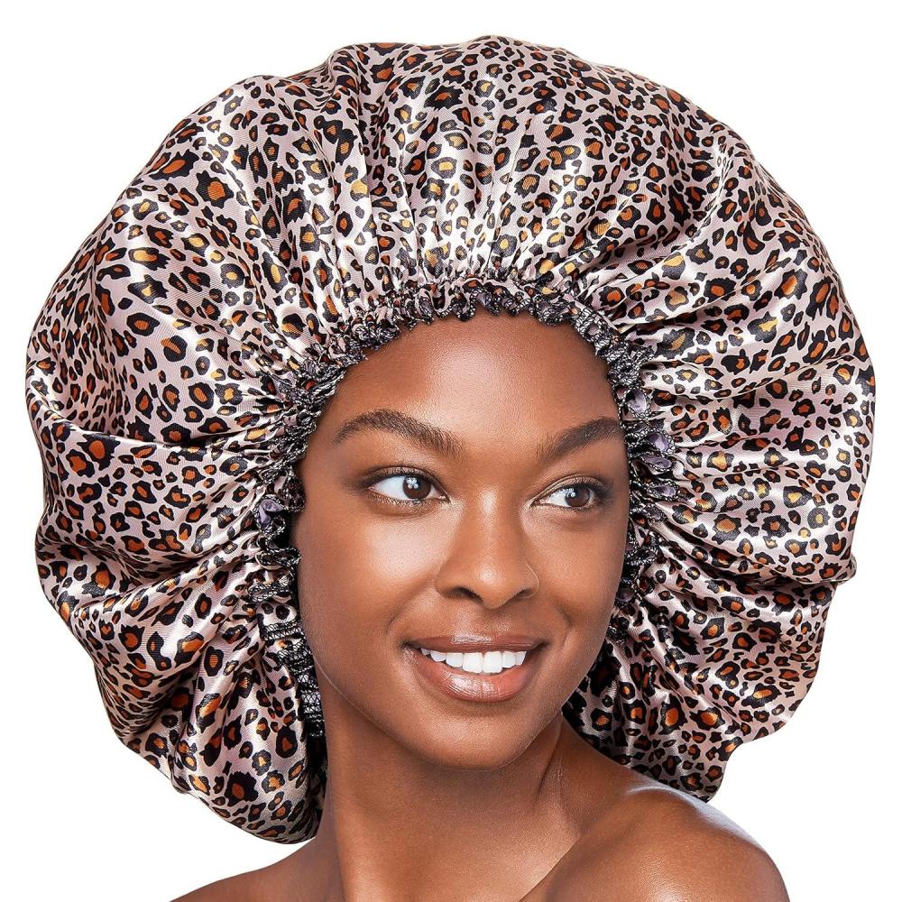 imageRed By Kiss Silky Satin Sleep Cap Premium Quality Shower Cap Satin Bonnet Super Jumbo LeopardLeopard