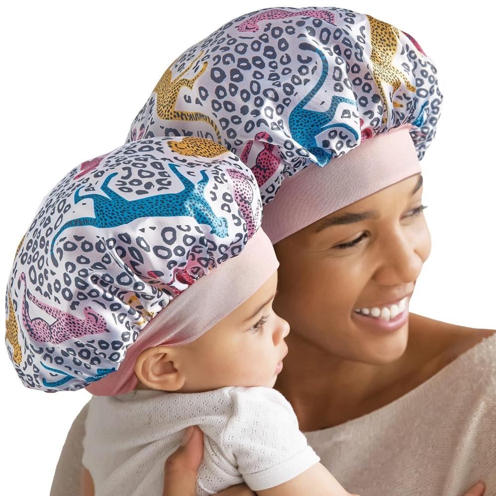 imageRed by Kiss 2in1 Mommy ampamp Me Satin Bonnet Sleep Cap for Adult and Babies Soft Stretchy and Safe Protects Fragile Hair from Frizz ampamp Breakage Friction Bald Spots Cheetah 618MCheetah