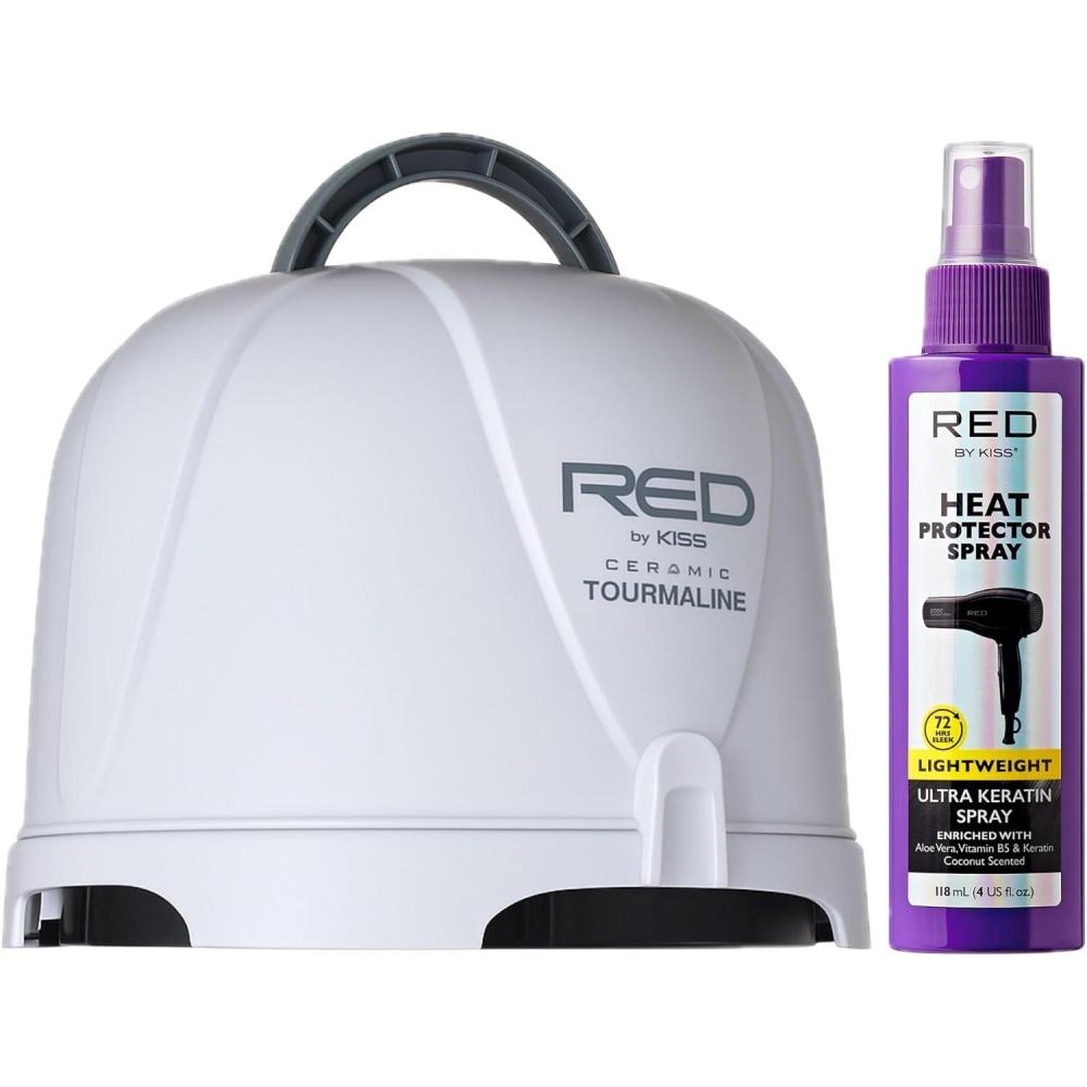 imageRed by Kiss 3000 Ceramic Tourmaline Professional Hood Dryer 4 Heat Settings Blow Dryer for Home ampamp Salon Height Adjustable Convenient Big Hood Size Extra Coverage 1875 WattageHooded Dryer Heat Protectant Spray