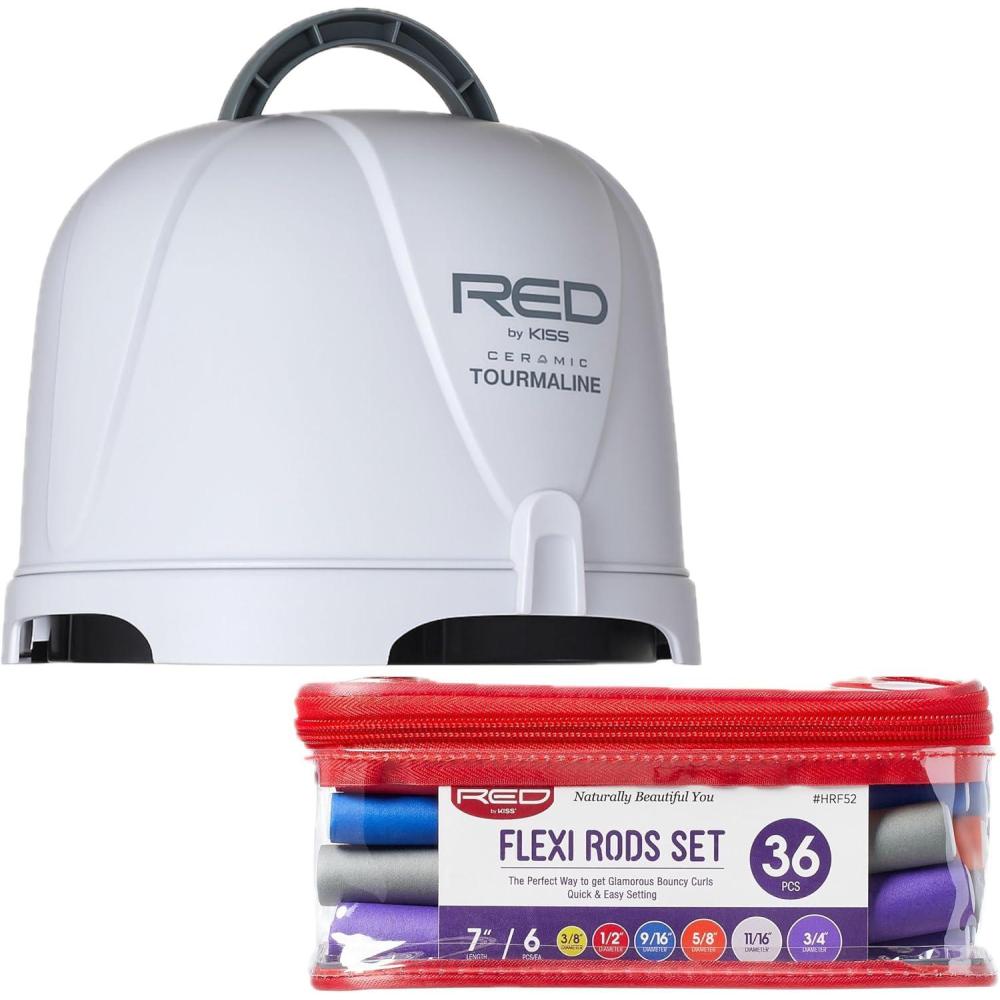 imageRed by Kiss 3000 Ceramic Tourmaline Professional Hood Dryer 4 Heat Settings Blow Dryer for Home ampamp Salon Height Adjustable Convenient Big Hood Size Extra Coverage 1875 WattageHooded Dryer Multi Pack Flexi Rod