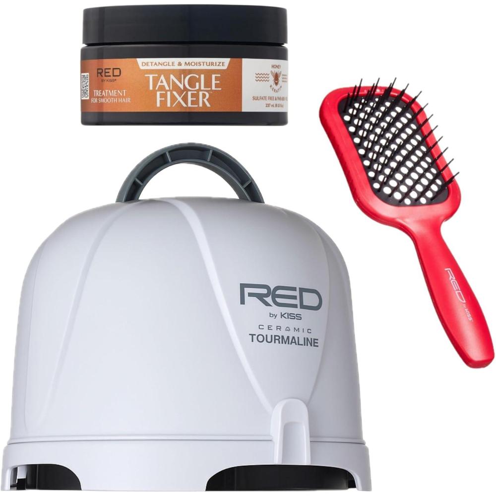 imageRed by Kiss 3000 Ceramic Tourmaline Professional Hood Dryer 4 Heat Settings Blow Dryer for Home ampamp Salon Height Adjustable Convenient Big Hood Size Extra Coverage 1875 WattageHooded Dryer Heat Resistant Vent Brush Intensive Detangler