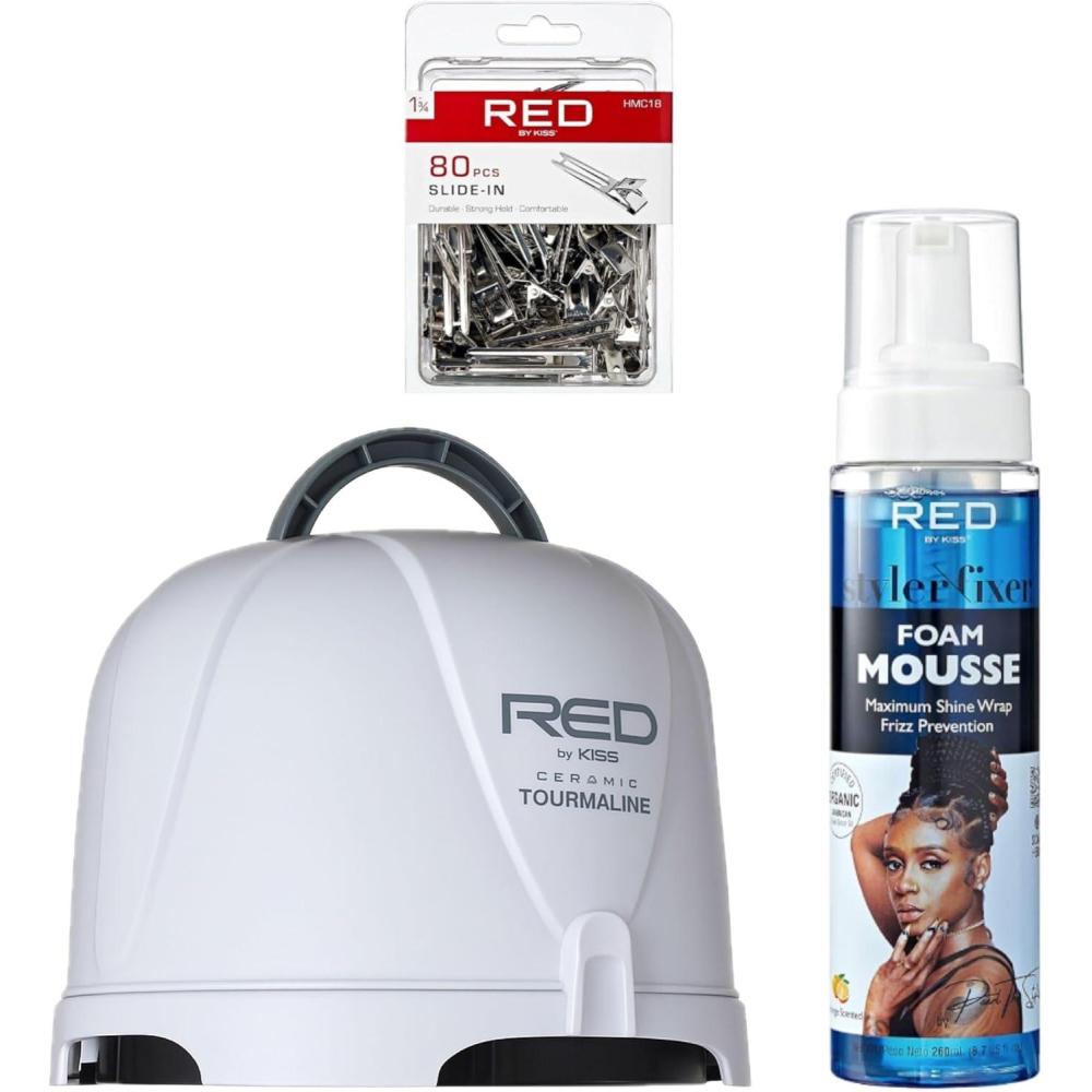 imageRed by Kiss 3000 Ceramic Tourmaline Professional Hood Dryer 4 Heat Settings Blow Dryer for Home ampamp Salon Height Adjustable Convenient Big Hood Size Extra Coverage 1875 WattageHooded Dryer Styling Foam 80 Pc Hair Clip