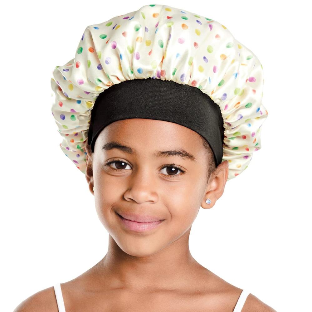 imageRed by Kiss Kids Satin Bonnet Sleep Cap Reversible Hair Bonnet for Boys and Girls Sleeping Night Silk Sleep Cap Heart Multi ColorPolka Dot