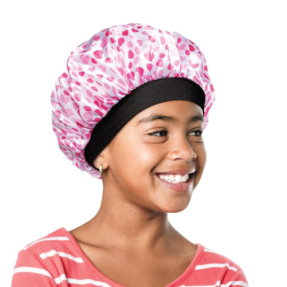 imageRed by Kiss Kids Satin Bonnet with Wide Band Sleep Cap for Kids Bonnet for Boys and girls OrangeBlueHeart