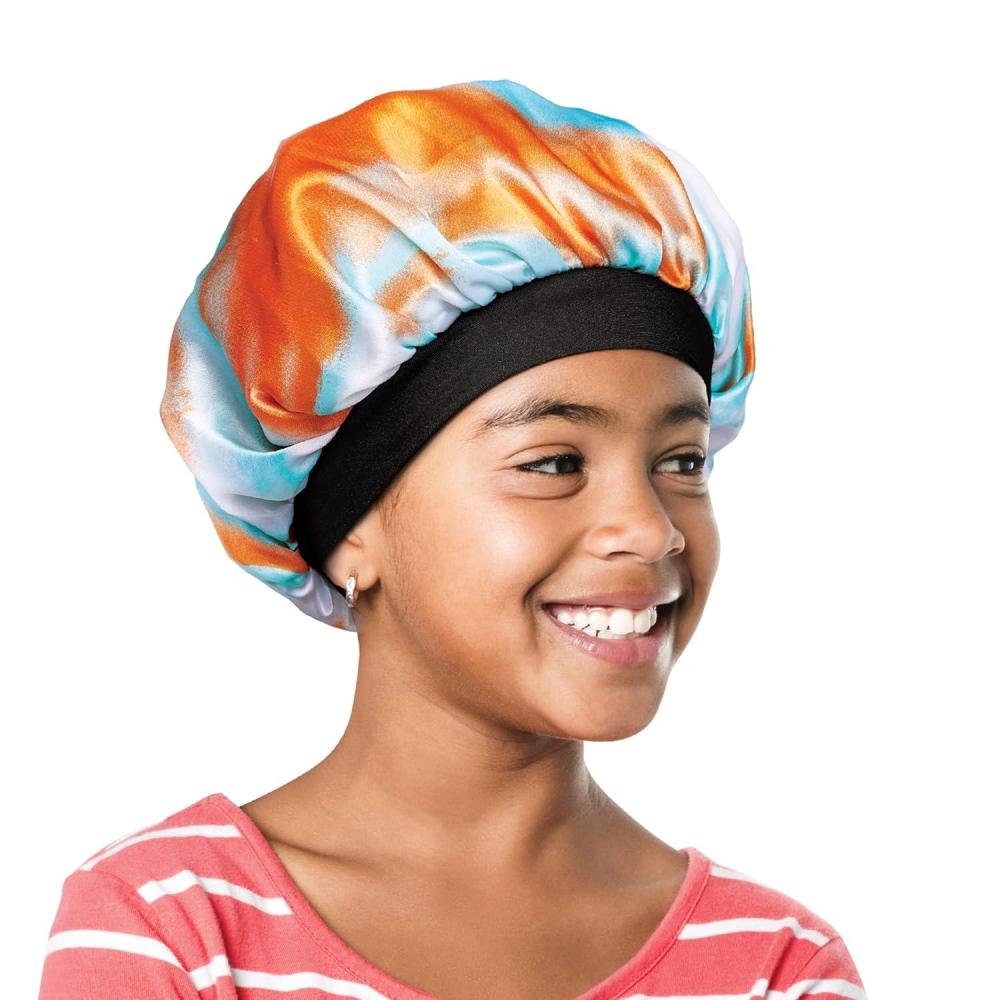 imageRed by Kiss Kids Satin Bonnet with Wide Band Sleep Cap for Kids Bonnet for Boys and girls OrangeBlueOrangeBlue