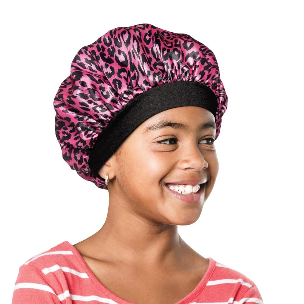 imageRed by Kiss Kids Satin Bonnet with Wide Band Sleep Cap for Kids Bonnet for Boys and girls OrangeBluePink Leopard