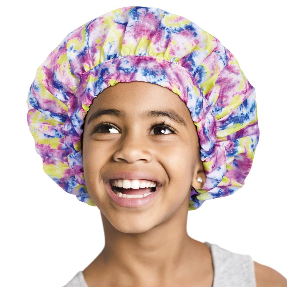 imageRed by Kiss Kids Shower Cap Reusable Waterproof Washable Hair Caps for Kids Shower Caps for Boys and Girls LeopardTieDye