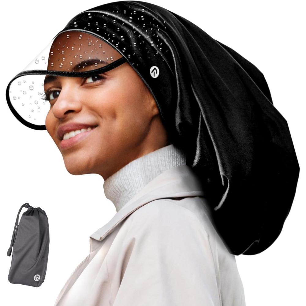 imageRed by Kiss Premium Satin Lined Rain Cap 100 Waterproof Hair Protection Adjustable Strap Packable Pouch IncludedBraidBlack