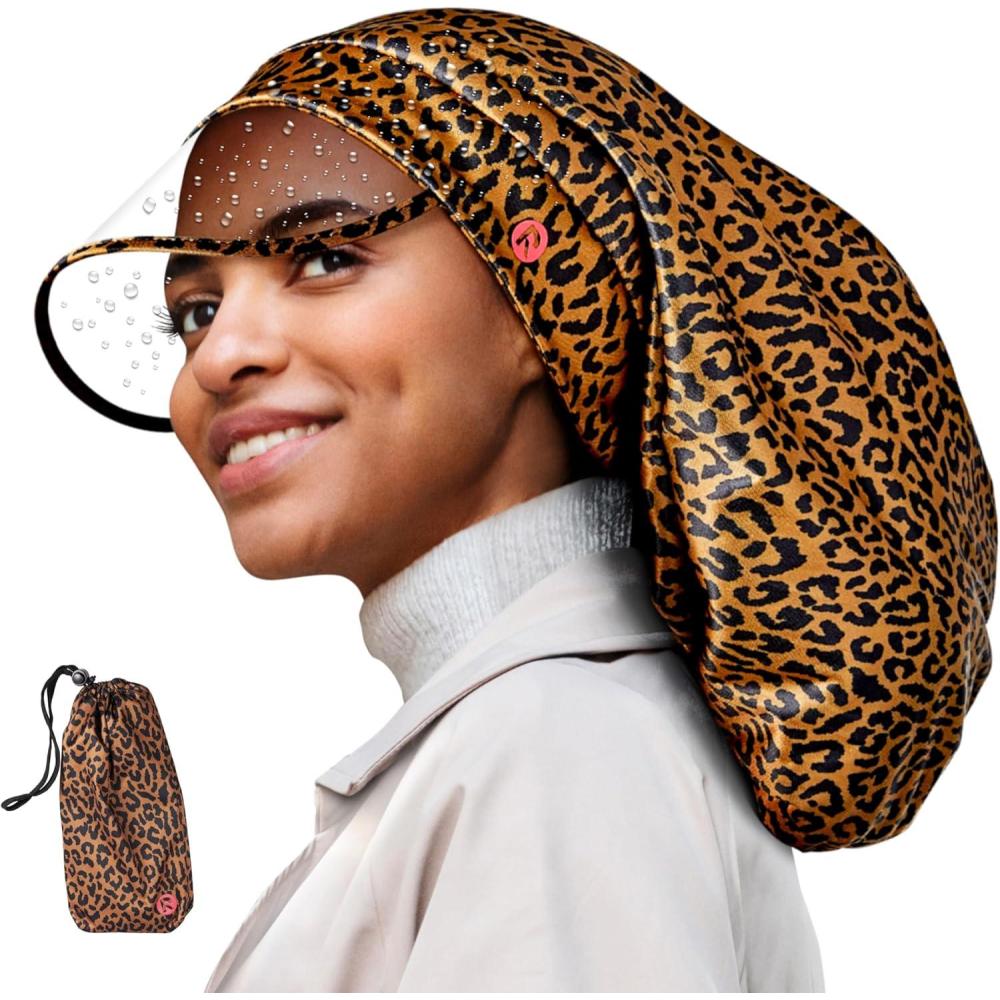 imageRed by Kiss Premium Satin Lined Rain Cap 100 Waterproof Hair Protection Adjustable Strap Packable Pouch IncludedBraidLeopard