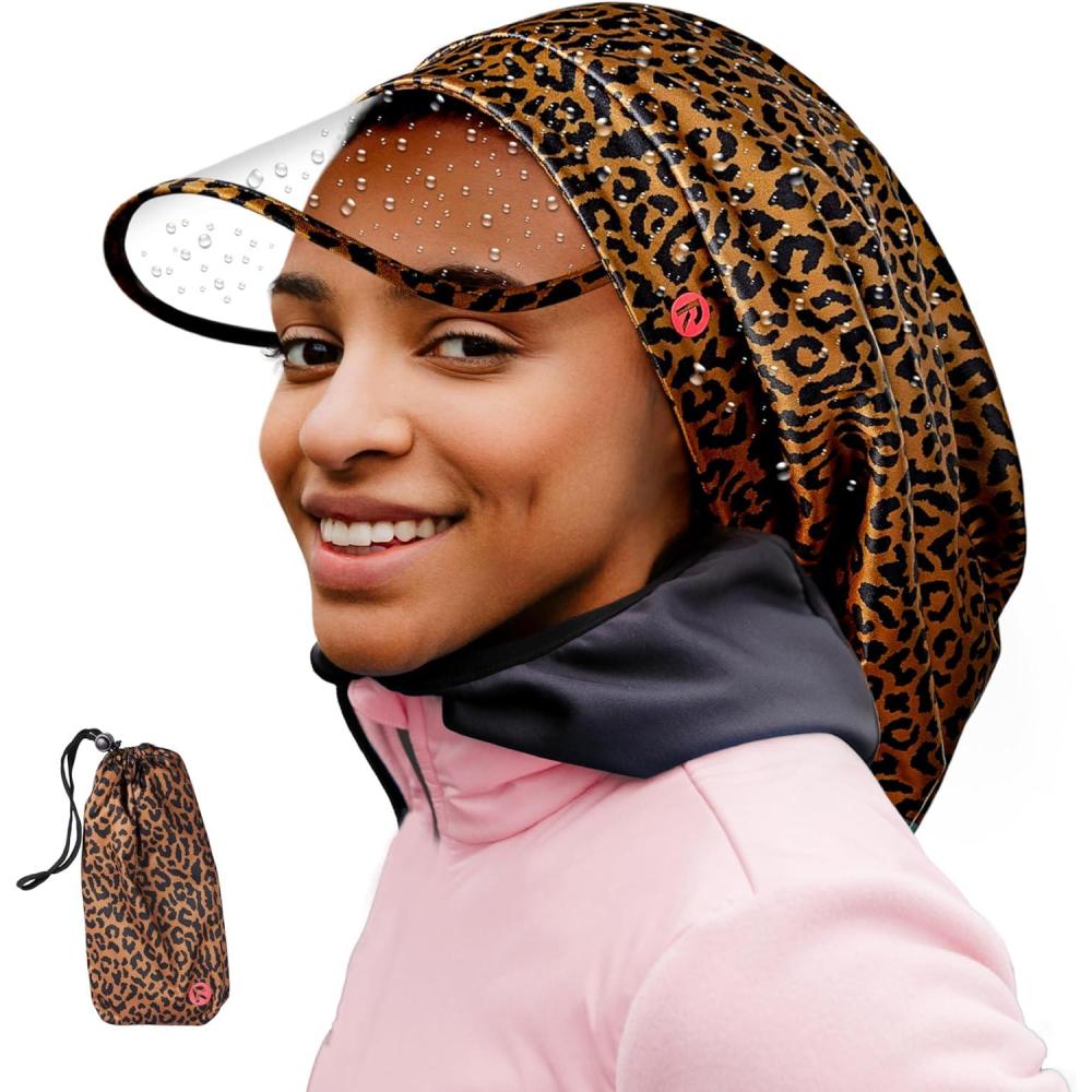 imageRed by Kiss Premium Satin Lined Rain Cap 100 Waterproof Hair Protection Adjustable Strap Packable Pouch IncludedXlargeLeopard