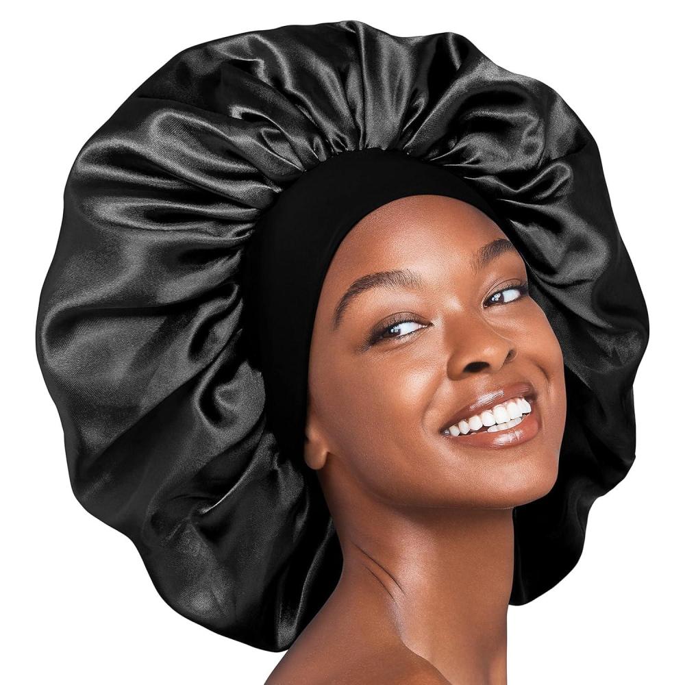 imageRed by Kiss Reversible Silky Satin Hair Cap Hair Bonnet with Wide Edge Double Wear Cap Super Jumbo BlackBlack