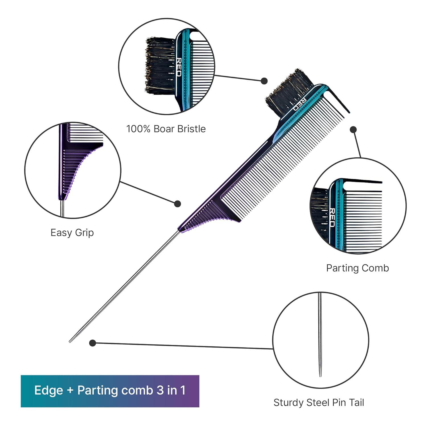 imageRED by Kiss Carbon Fiber Edge Brush Parting Comb 3 in 1 Styling Tool High Heat Resistance 100 Boar Bristles Hairbrush ampamp Sectioning Tail Comfort Grip for All Hair Types Pin TailOmbre Chrome