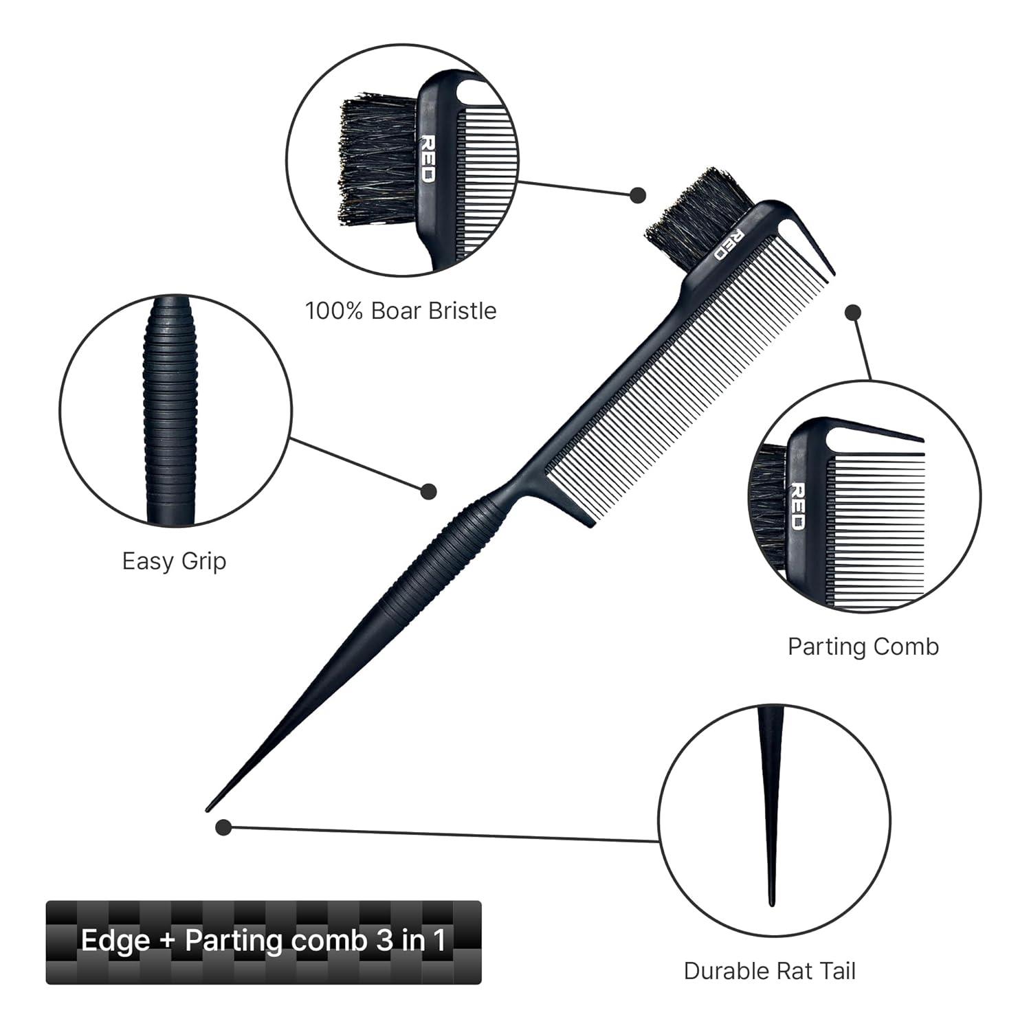 imageRED by Kiss Carbon Fiber Edge Brush Parting Comb 3 in 1 Styling Tool High Heat Resistance 100 Boar Bristles Hairbrush ampamp Sectioning Tail Comfort Grip for All Hair Types Pin TailCarbon Fiber