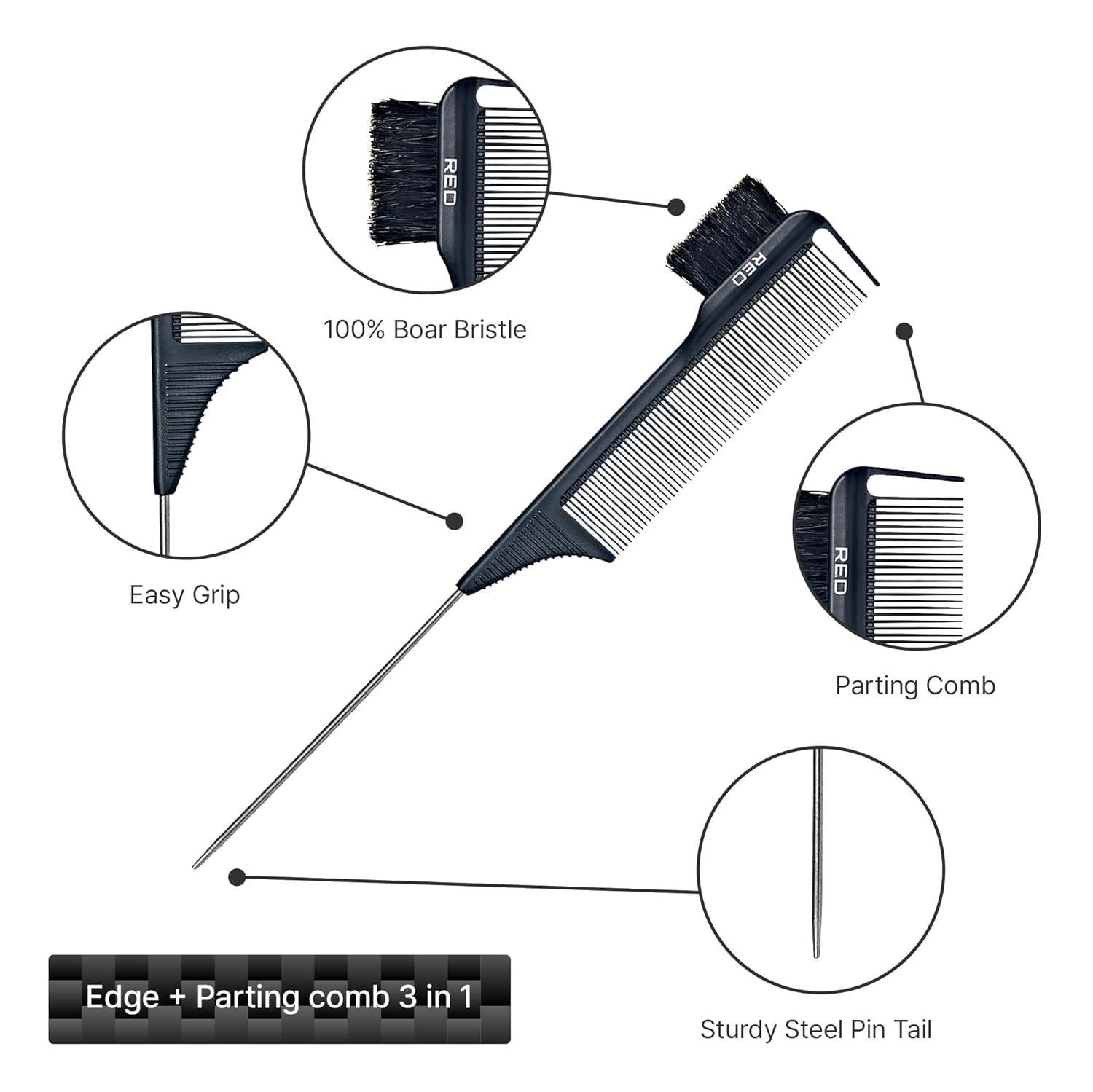 imageRED by Kiss Carbon Fiber Edge Brush Parting Comb 3 in 1 Styling Tool High Heat Resistance 100 Boar Bristles Hairbrush ampamp Sectioning Tail Comfort Grip for All Hair Types Pin TailCarbon Fiber