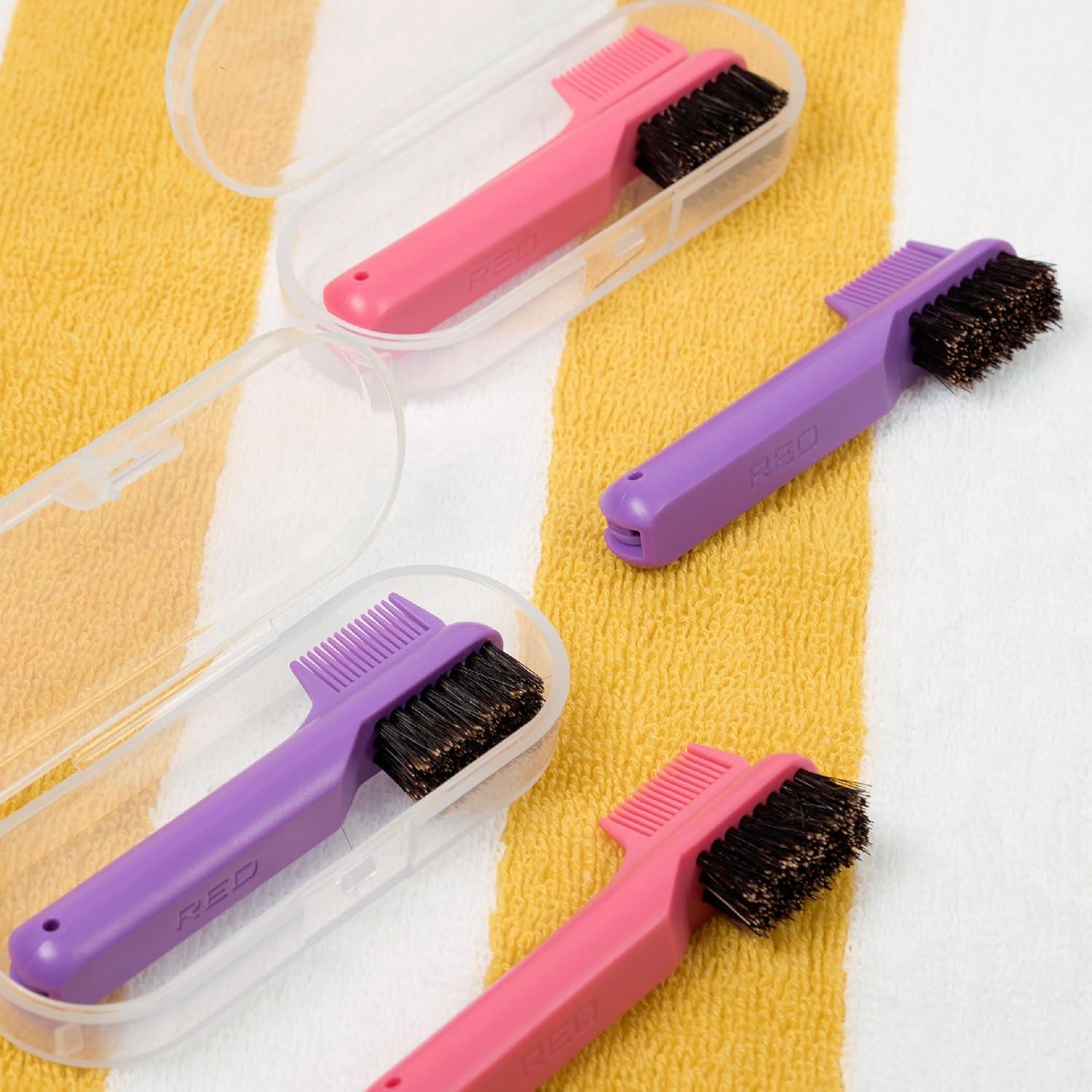 imageRed by Kiss 2in1 Foldable Comb ampamp Edge Brush with Travel Case Compact PalmSized Design 100 Soft Boar Bristles for Smooth Hair ampamp Edge Control Portable Hair Styling Tool PinkPink