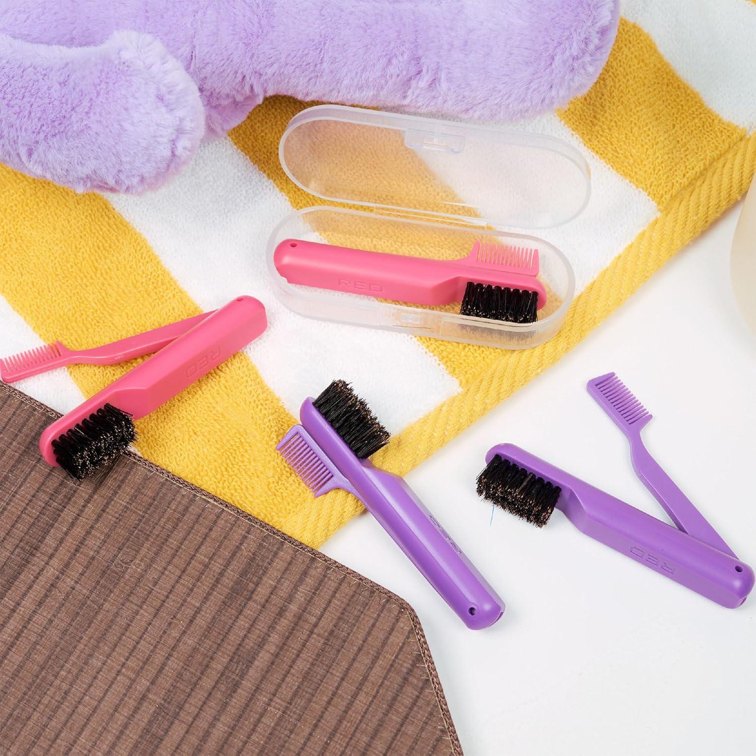 imageRed by Kiss 2in1 Foldable Comb ampamp Edge Brush with Travel Case Compact PalmSized Design 100 Soft Boar Bristles for Smooth Hair ampamp Edge Control Portable Hair Styling Tool PinkPurple