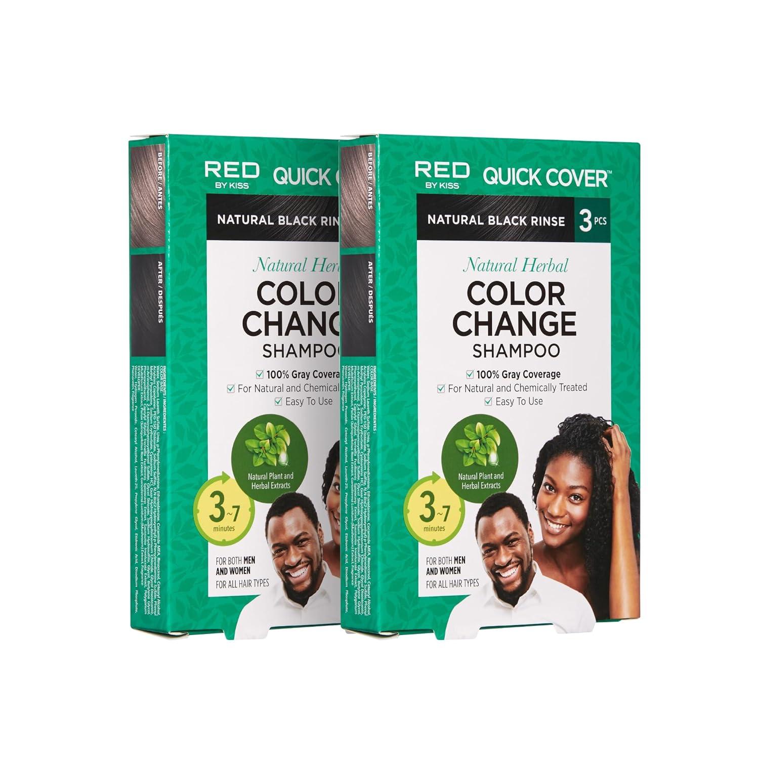 imageRed by Kiss Color Change Shampoo Permanent Hair Color with 100 Gray Coverage Quick 710 Minute Formula No Tools Needed Herbal Extracts Includes 3 Shampoo PouchesNatural Black