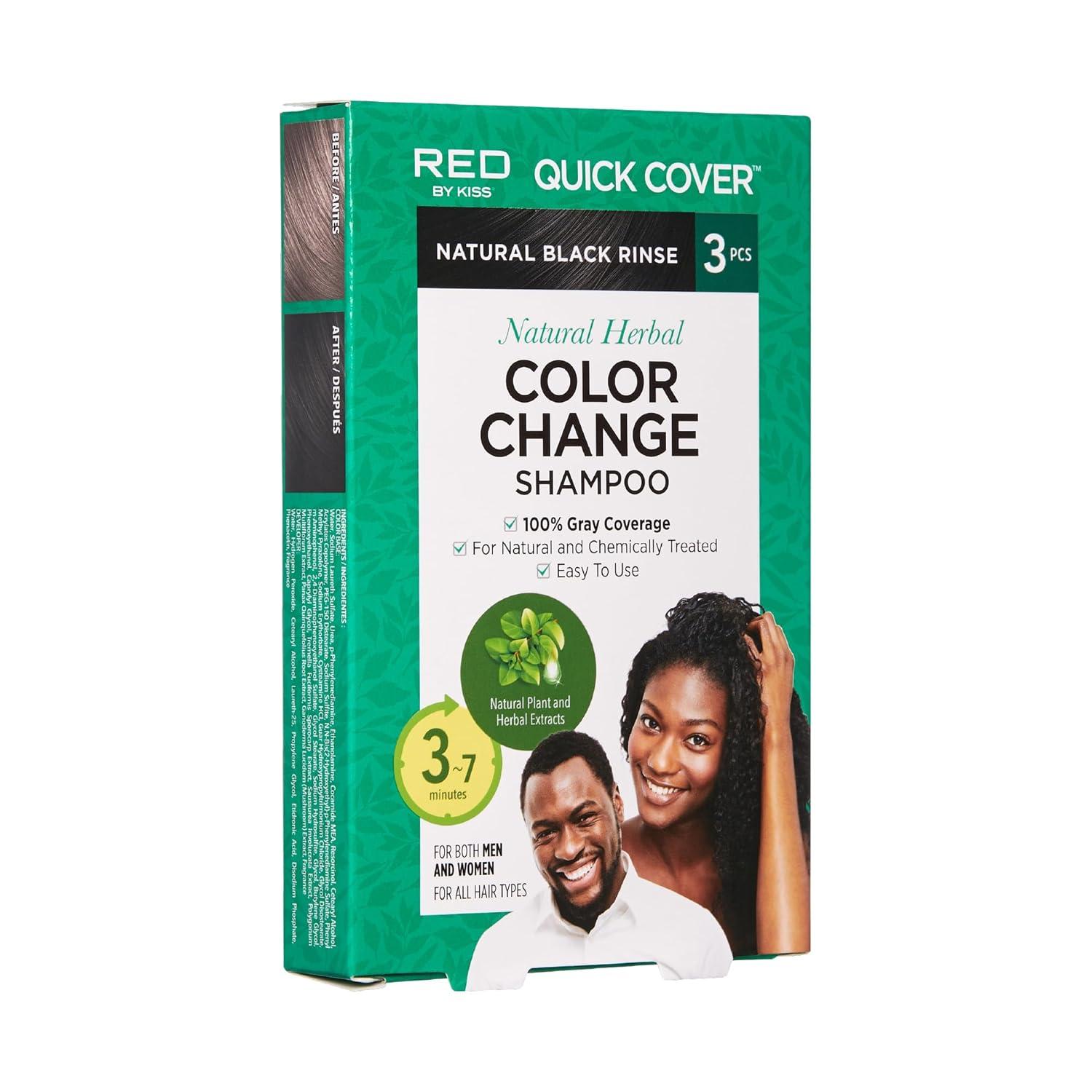 imageRed by Kiss Color Change Shampoo Permanent Hair Color with 100 Gray Coverage Quick 710 Minute Formula No Tools Needed Herbal Extracts Includes 3 Shampoo PouchesNatural Black