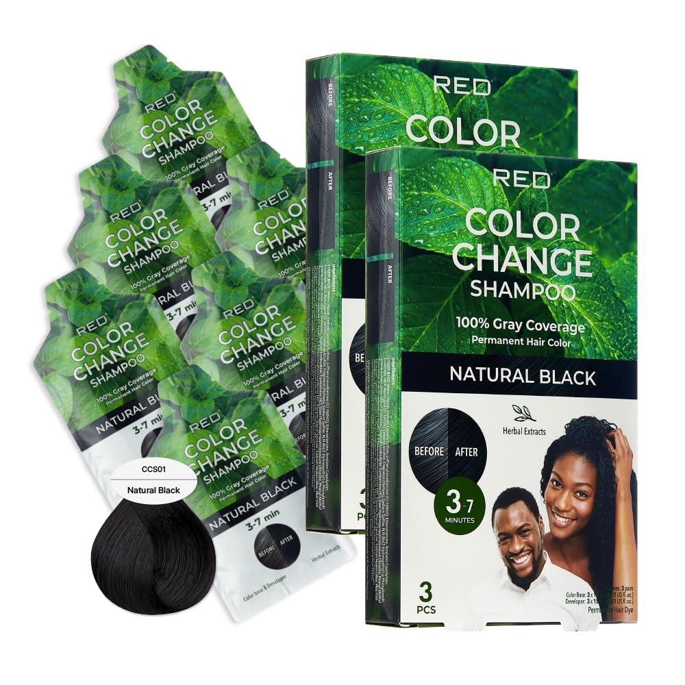 imageRed by Kiss Color Change Shampoo Permanent Hair Color with 100 Gray Coverage Quick 710 Minute Formula No Tools Needed Herbal Extracts Includes 3 Shampoo PouchesNatural Black