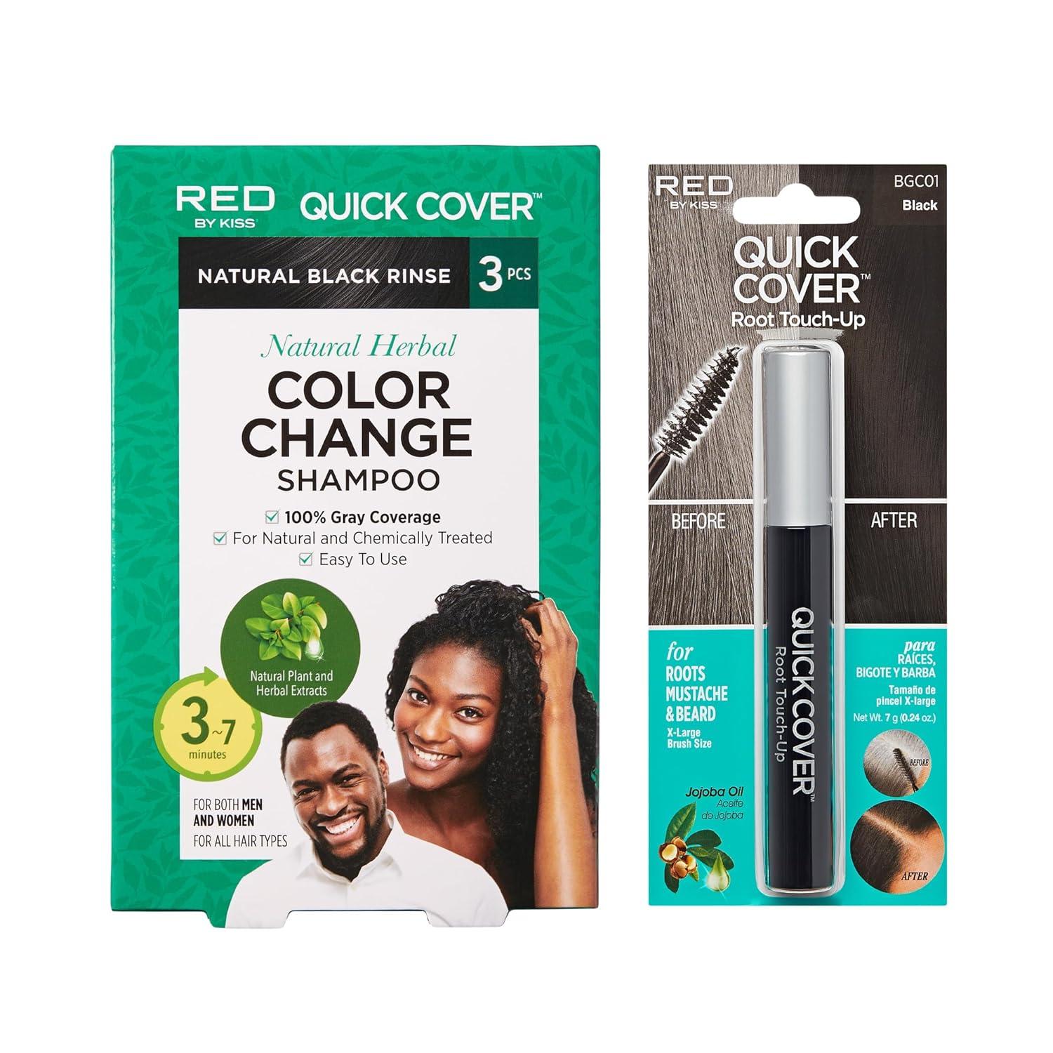 imageRed by Kiss Color Change Shampoo Permanent Hair Color with 100 Gray Coverage Quick 710 Minute Formula No Tools Needed Herbal Extracts Includes 3 Shampoo PouchesNatural Black