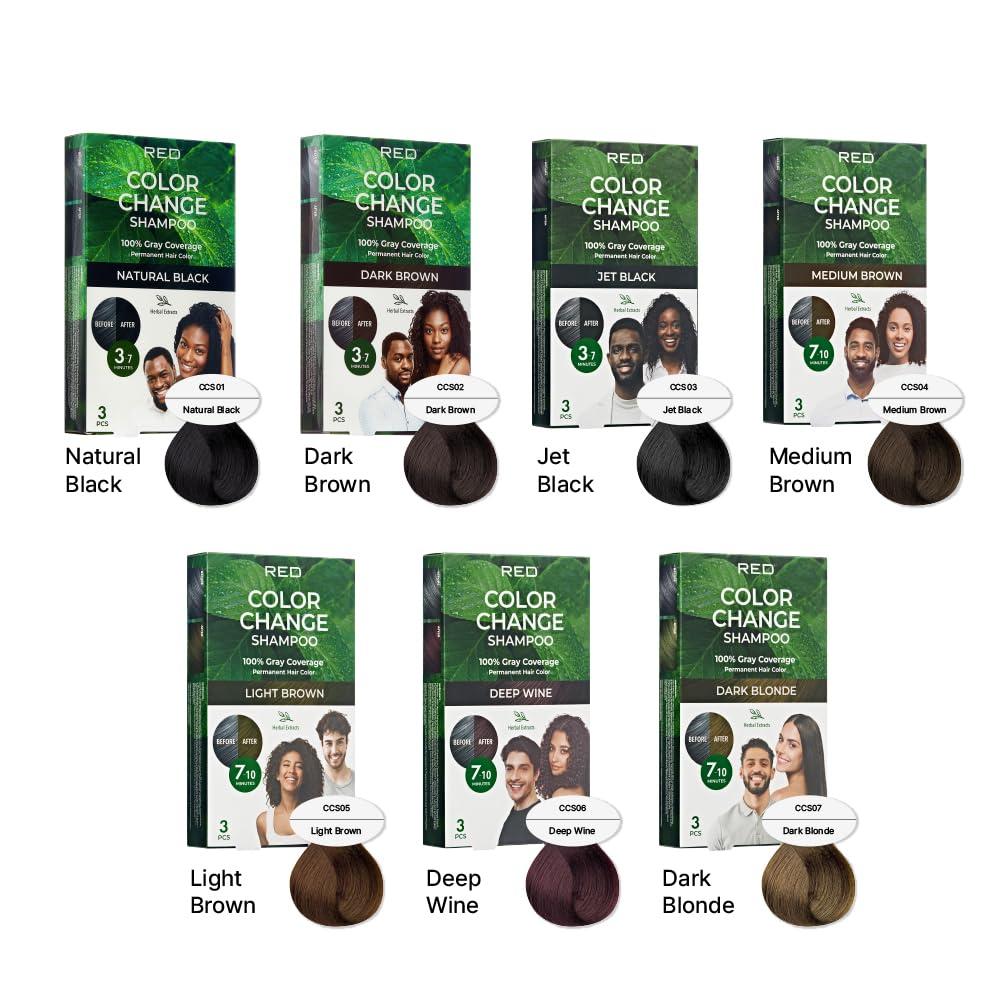 imageRed by Kiss Color Change Shampoo Permanent Hair Color with 100 Gray Coverage Quick 710 Minute Formula No Tools Needed Herbal Extracts Includes 3 Shampoo PouchesNatural Black