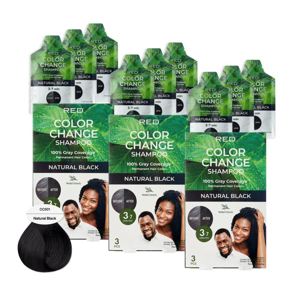 imageRed by Kiss Color Change Shampoo Permanent Hair Color with 100 Gray Coverage Quick 710 Minute Formula No Tools Needed Herbal Extracts Includes 3 Shampoo PouchesNatural Black