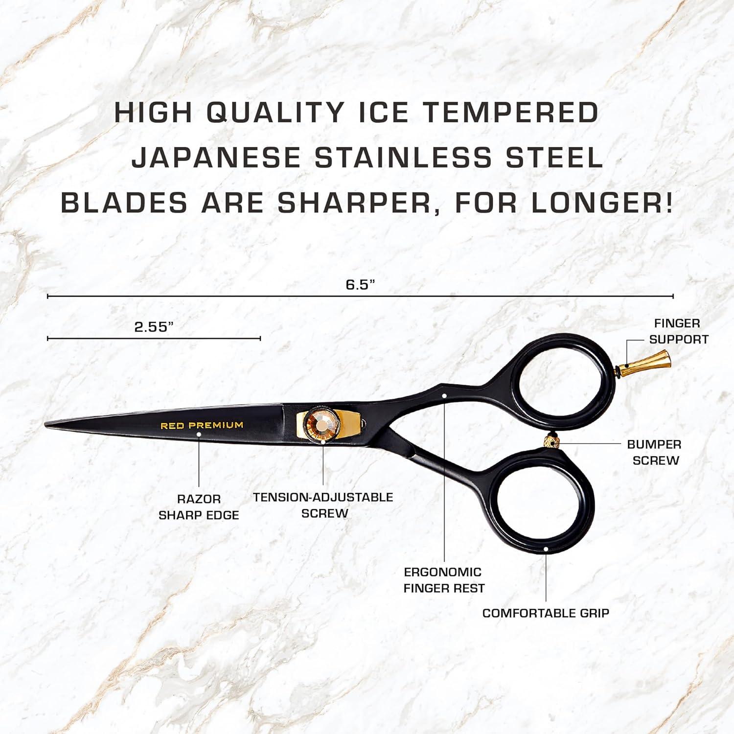 imageRed by Kiss Premium Artisan Professional Hair Shears Ice Tempered Japanese Stainless Steel Scissors Sharp Blades for Precise Cutting Ergonomic ampamp Adjustable Tension Screw Thinning 65inStraight