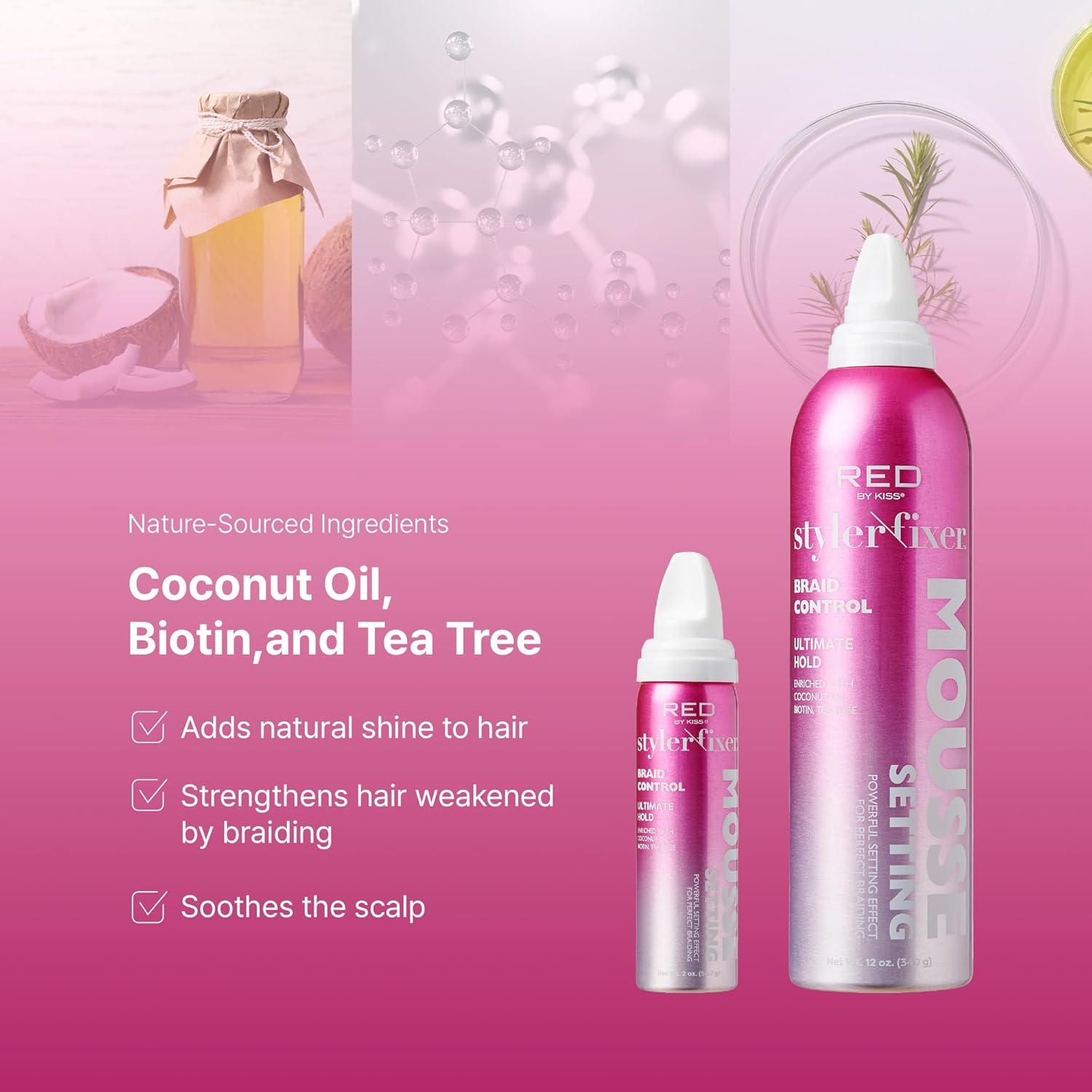 imageRed by Kiss Setting Mousse Braid Frizz Control Curl Definition Shine Maximize Volume Ultimate Hold Long Lasting Non Sticky Creamy Foam Style Perfector 12 Ounces Braid PerfectorBraid Perfector