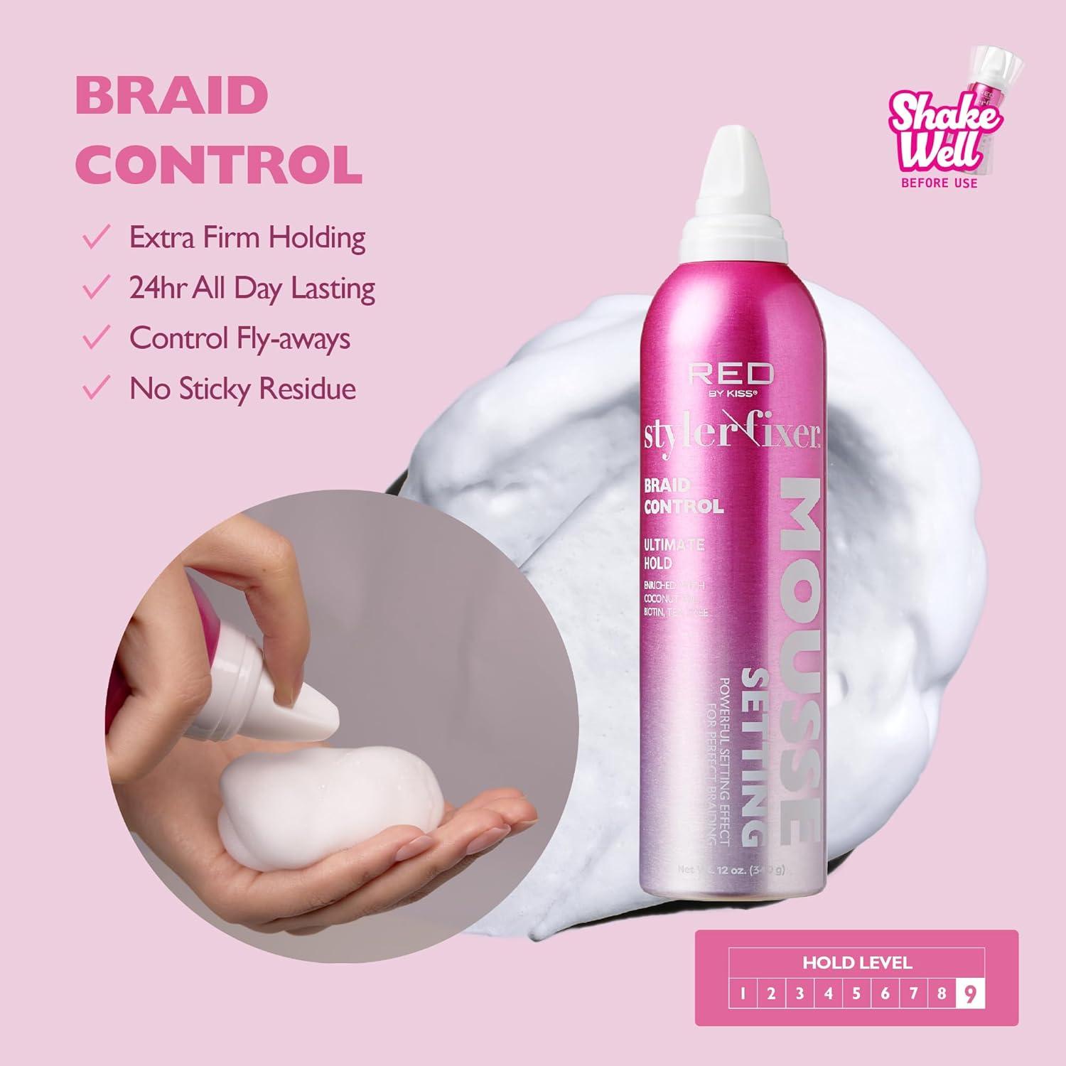 imageRed by Kiss Setting Mousse Braid Frizz Control Curl Definition Shine Maximize Volume Ultimate Hold Long Lasting Non Sticky Creamy Foam Style Perfector 12 Ounces Braid PerfectorBraid Perfector