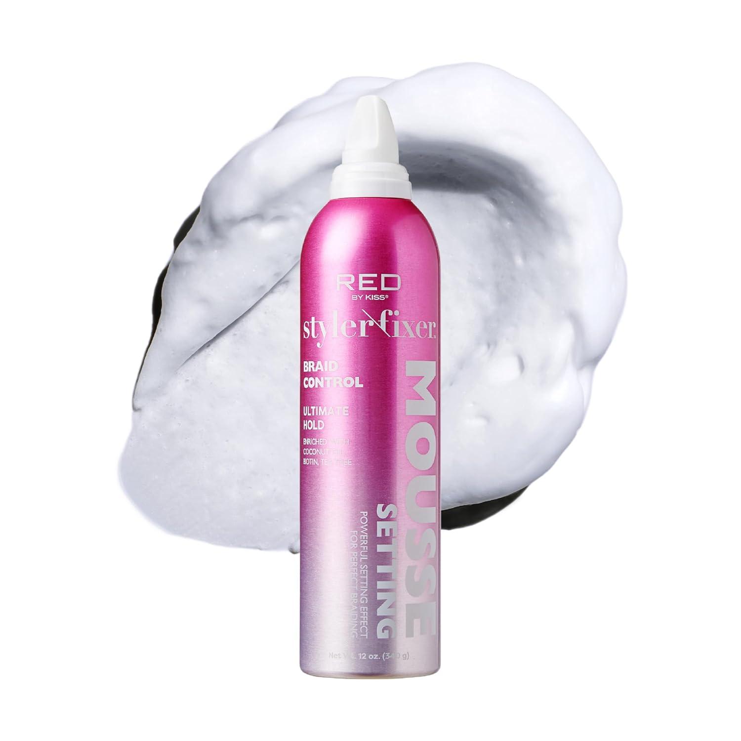 imageRed by Kiss Setting Mousse Braid Frizz Control Curl Definition Shine Maximize Volume Ultimate Hold Long Lasting Non Sticky Creamy Foam Style Perfector 12 Ounces Braid PerfectorBraid Perfector