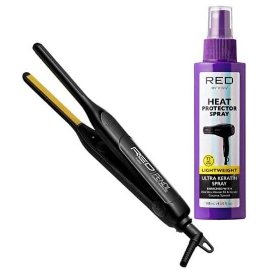 imageKISS Pencil Flat Iron ampamp Heat Protector Spray Bundle Ceramic Tourmaline Plates 03quot x 03quot 450F Max Temp Straightens Short to Medium Hair