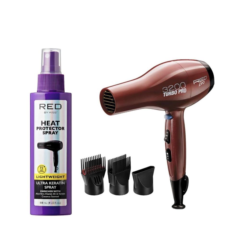 imageRED PRO 3200 Turbo Pro Detangler AC Hair Dryer ampamp Red by Kiss Heat Protector Spray Bundle