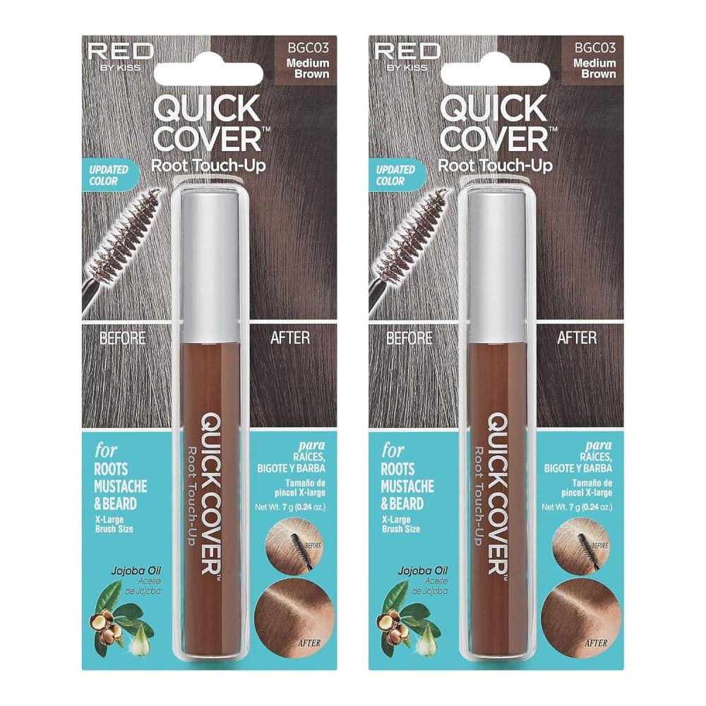 imageRED by KISS Quick Cover Root Touch Up Rescue Medium Brown 2 Pack Mascara Natural WaterResistant Temporary Gray Concealer Cover Up Brush for Hair Mustache ampamp Beard Formulated with Jojoba Oil