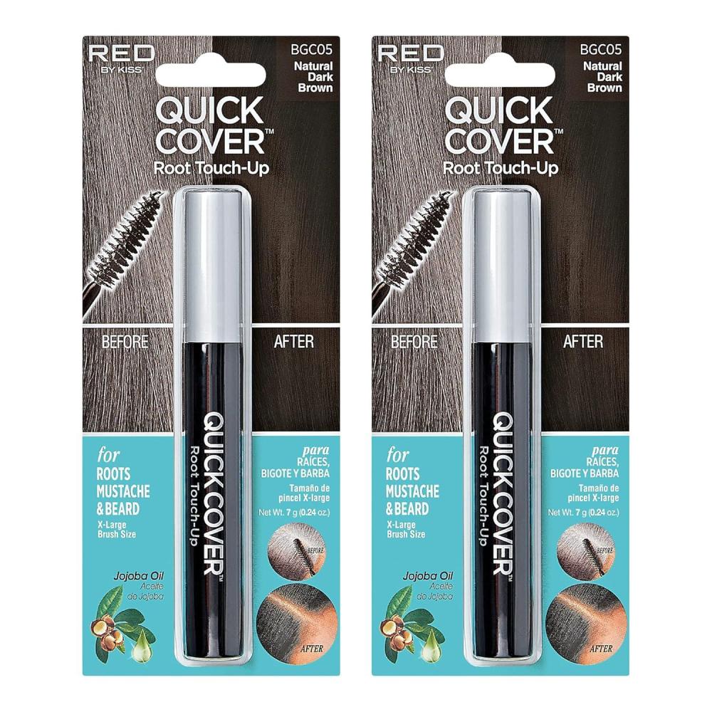 imageRED by KISS Quick Cover Root Touch Up Rescue Natural Dark Brown 2 Pack Mascara Natural WaterResistant Temporary Gray Concealer Cover Up Brush for Hair Mustache ampamp Beard Formulated with Jojoba Oil