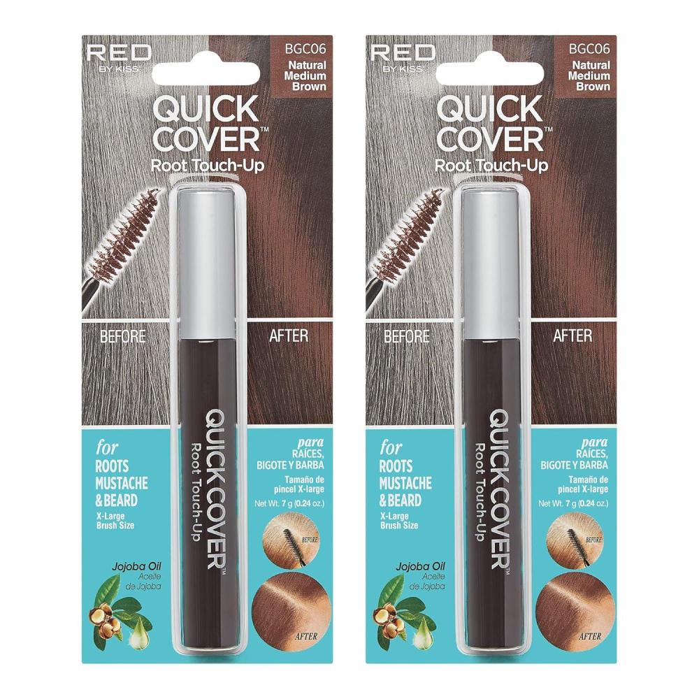 imageRED by KISS Quick Cover Root Touch Up Rescue Natural Medium Brown 2 Pack Mascara Natural WaterResistant Temporary Gray Concealer Cover Up Brush for Hair Mustache ampamp Beard Formulated with Jojoba Oil
