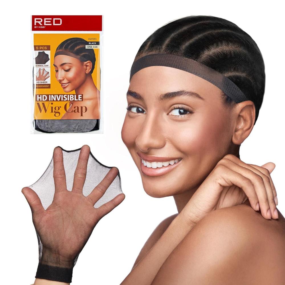 imageRED by Kiss 5 PCS HD Invisible Wig Caps for Women Men Ultra Stretchy Thin Stocking Sheer Breathable Nylon Comfortable for Lace Front Wig One Size Fits All BEIGEBLACK