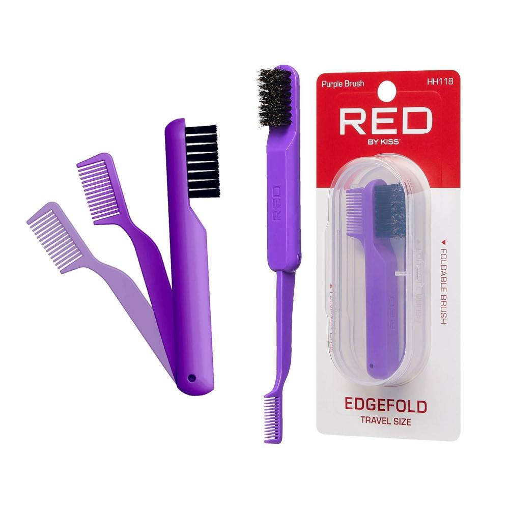 imageRed by Kiss 2in1 Foldable Comb ampamp Edge Brush with Travel Case Compact PalmSized Design 100 Soft Boar Bristles for Smooth Hair ampamp Edge Control Portable Hair Styling Tool PinkPurple