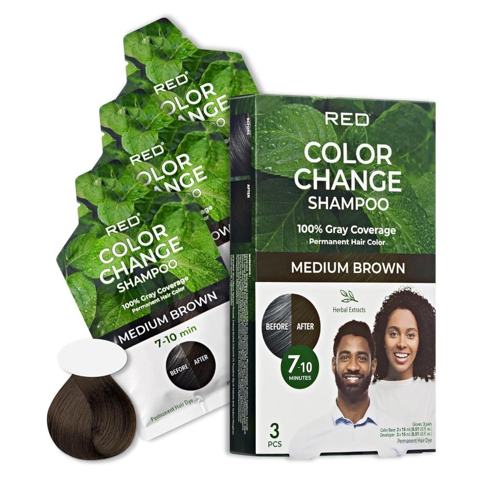imageRed by Kiss Color Change Shampoo  Permanent Hair Color with 100 Gray Coverage Quick 710 Minute Formula No Tools Needed Herbal Extracts Includes 3 Shampoo PouchesMedium Brown