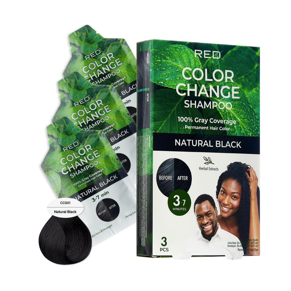 imageRed by Kiss Color Change Shampoo  Permanent Hair Color with 100 Gray Coverage Quick 710 Minute Formula No Tools Needed Herbal Extracts Includes 3 Shampoo PouchesNatural Black