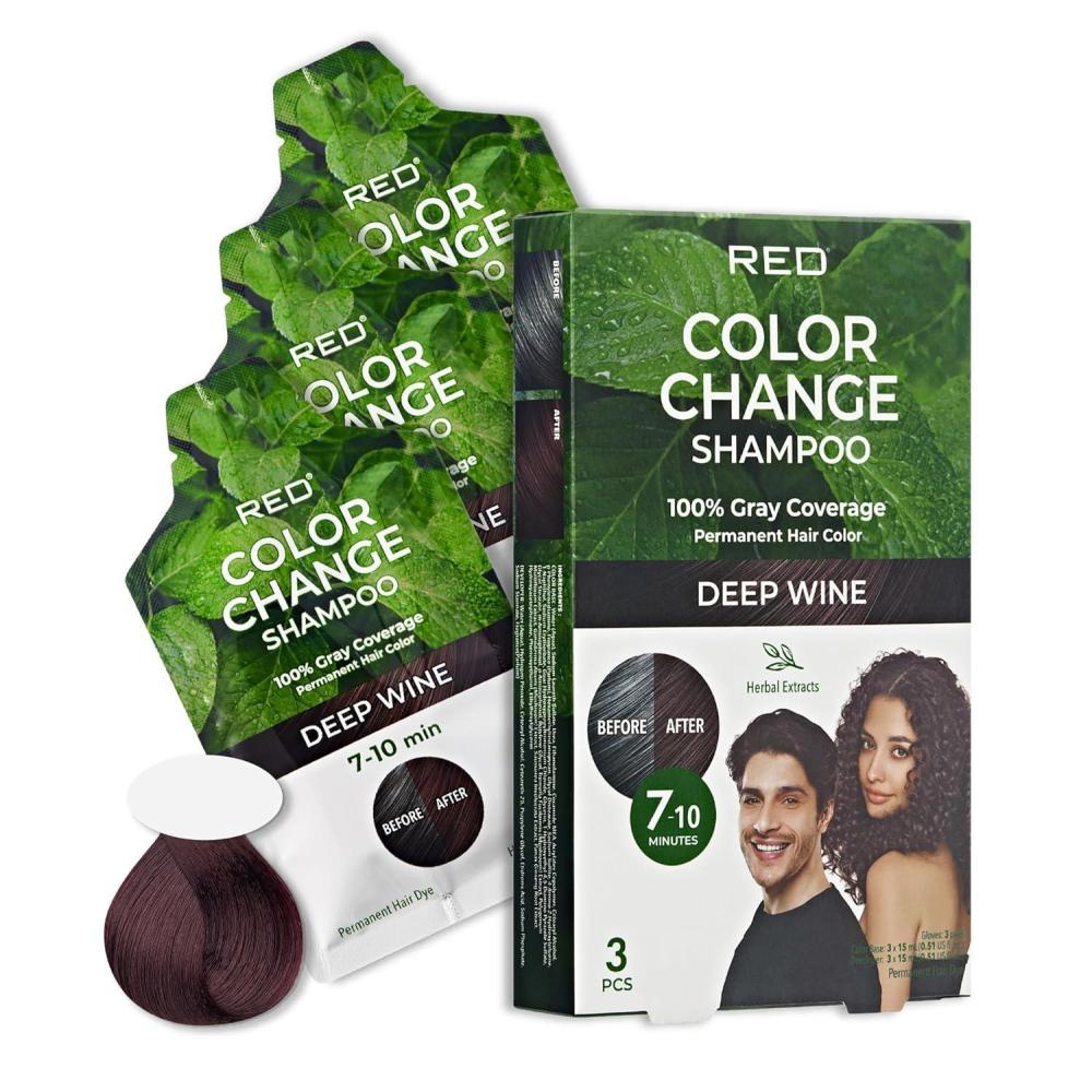 imageRed by Kiss Color Change Shampoo  Permanent Hair Color with 100 Gray Coverage Quick 710 Minute Formula No Tools Needed Herbal Extracts Includes 3 Shampoo PouchesDeep Wine
