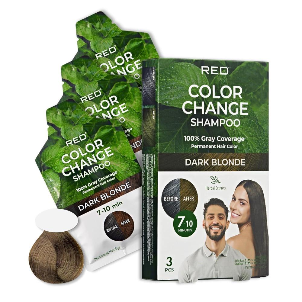 imageRed by Kiss Color Change Shampoo  Permanent Hair Color with 100 Gray Coverage Quick 710 Minute Formula No Tools Needed Herbal Extracts Includes 3 Shampoo PouchesDark Blonde