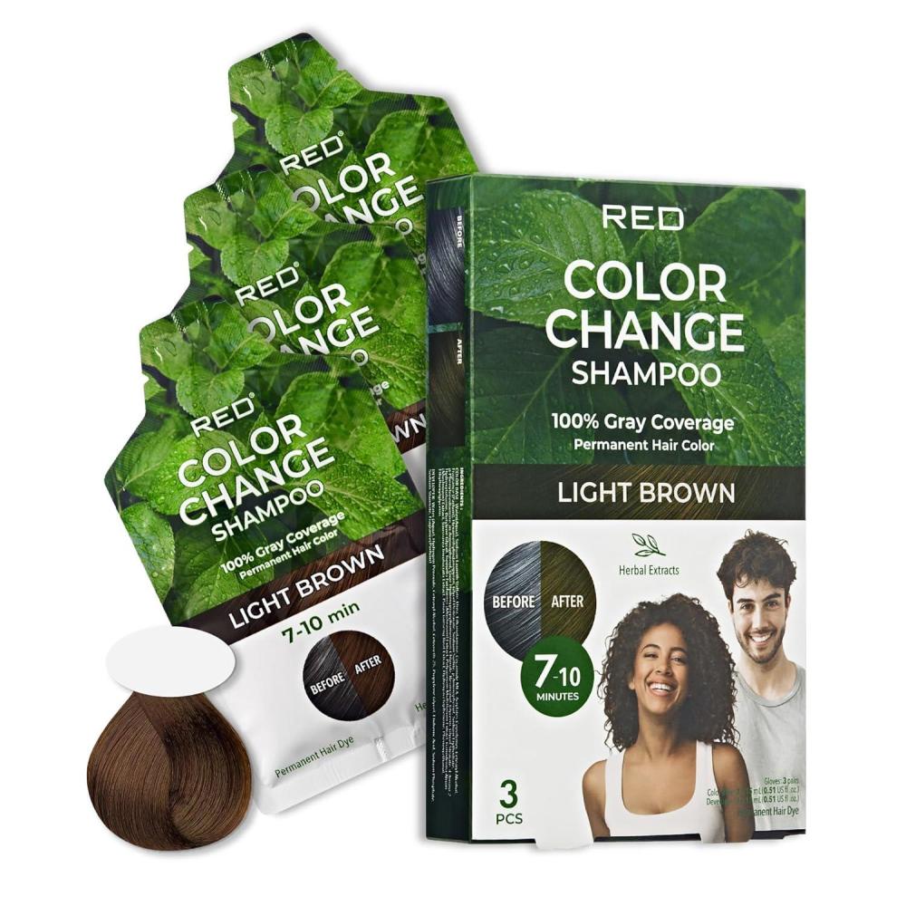 imageRed by Kiss Color Change Shampoo  Permanent Hair Color with 100 Gray Coverage Quick 710 Minute Formula No Tools Needed Herbal Extracts Includes 3 Shampoo PouchesLight Brown