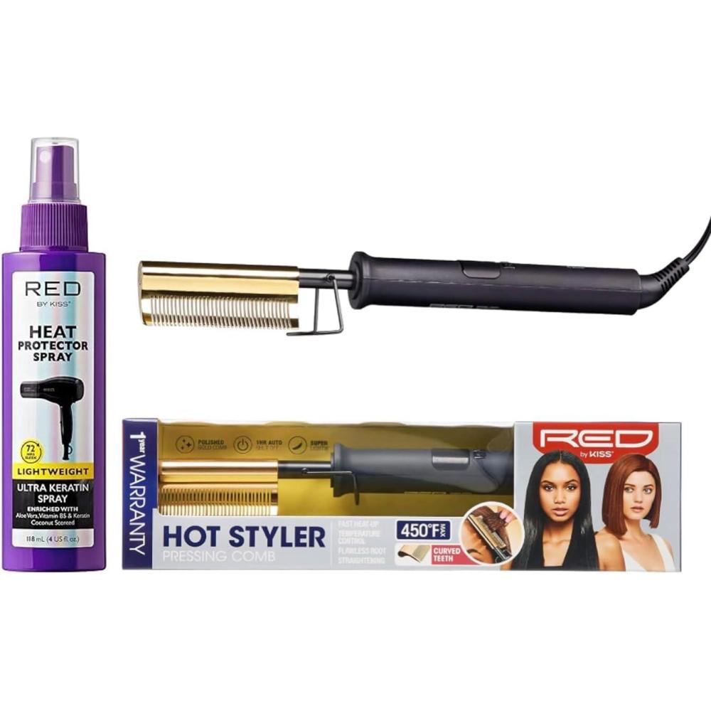 imageRed by Kiss Curved Hot Comb Hair Straightener ampamp Heat Protector Bundle