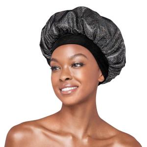 Red By Kiss Glitter Bonnet Premium Quality Sleeping Hair Bonnet Hair Cap, Super Jumbo (Black Pearl)(Jet Black)