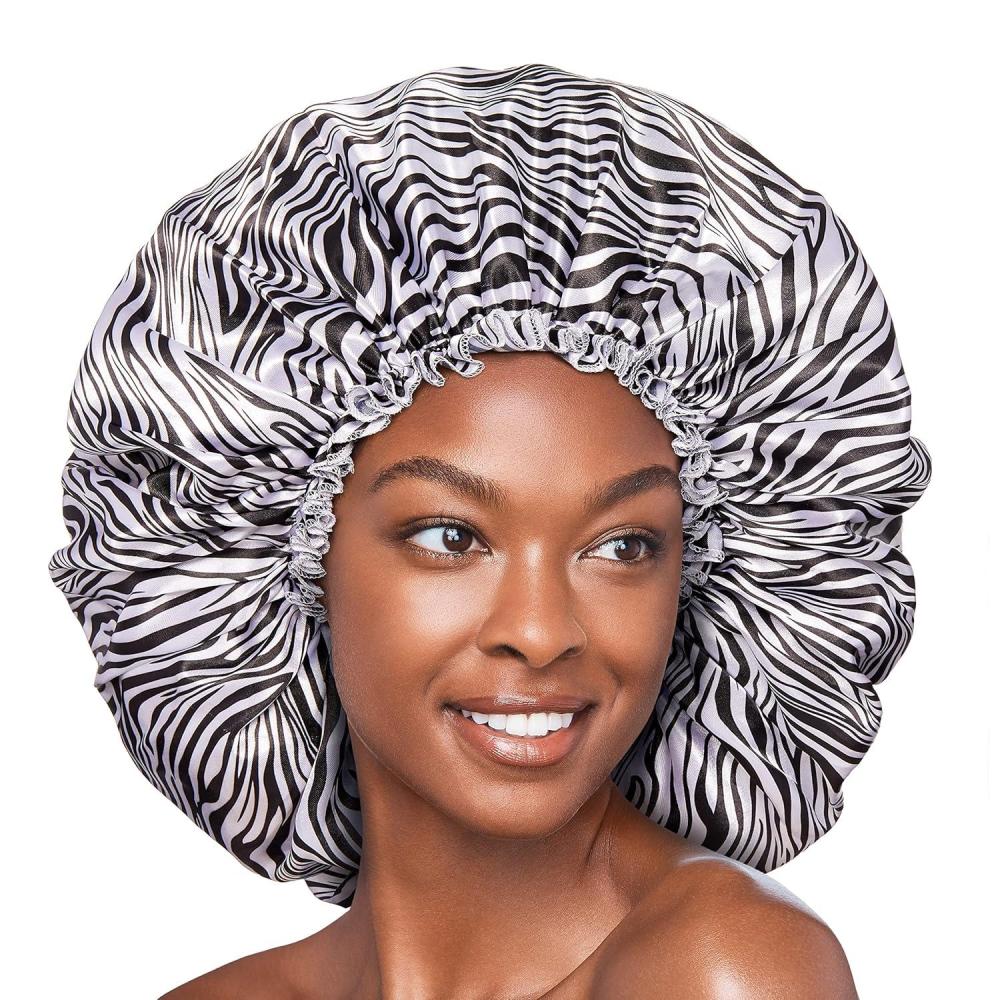 image:imageRed By Kiss Silky Satin Sleep Cap Premium Quality Shower Cap Satin Bonnet Super Jumbo ZebraZebra